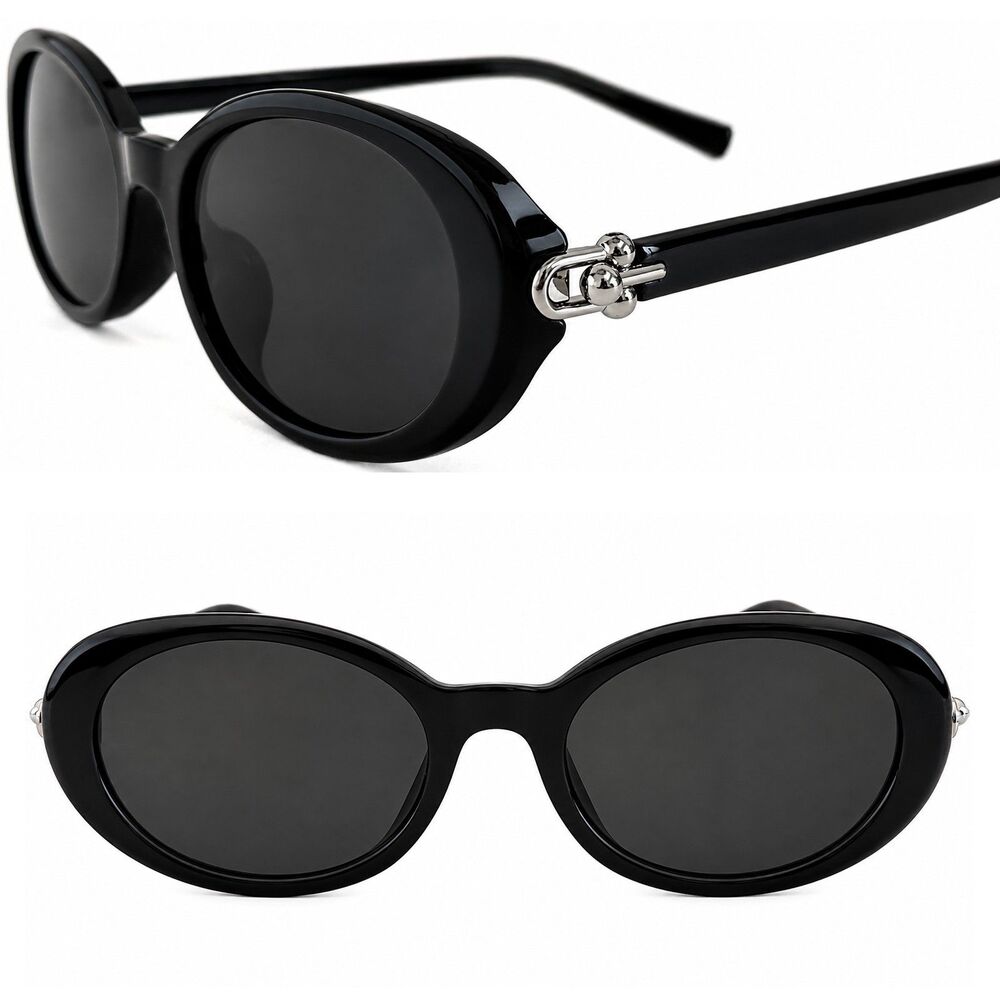 Women's Black Oversized Oval Round Silver Accent Retro Fashion Style Sunglasses